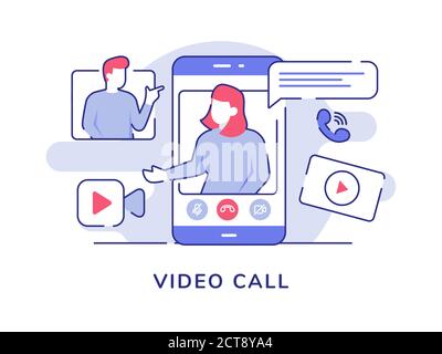 Video call concept video women on display smartphone screen talking men with flat outline style Stock Vector