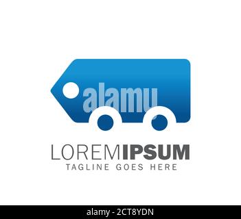 A vector illustation of prize tag car logo sign in blue with simple wheel added to form a simple car with it Stock Vector