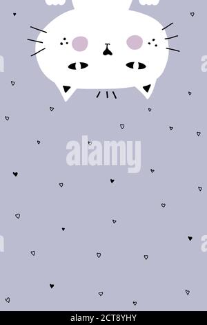 A nice postcard with a brooding cat sitting with his eyes closed, surrounded by hearts. Vector illustration. Stock Vector