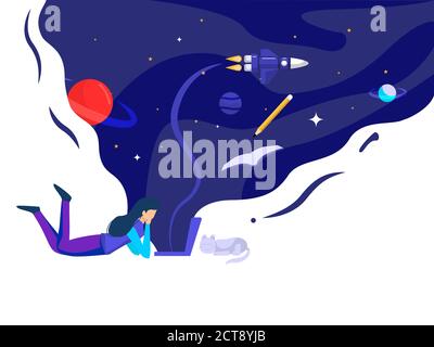 Woman lying in front of a laptop accompanied by a pet cat. millions of inspiration in outer space. vector illustration. Stock Vector