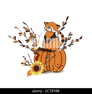 Autumn composition isolated on white background. Autumn sticker. cute animal. Red panda Stock Vector