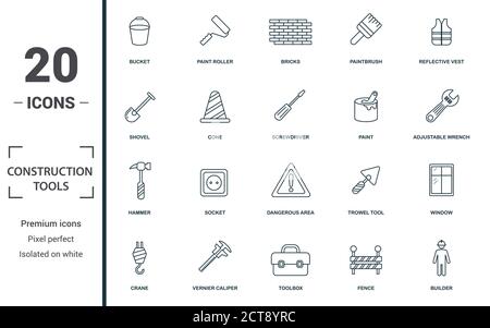 Construction Tools icon set. Monochrome sign collection with bucket, paint roller, bricks, paintbrush and over icons. Construction Tools elements set. Stock Vector