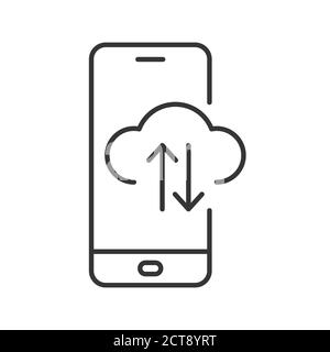 Smartphone with cloud icon. Cloud computing technology icon. Black linear icon isolated. Vector illustration. Info exchange through cloud service Stock Vector