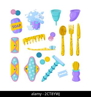 Set of reusable items. Go green and zero waste. Vector illustration in cartoon style Stock Vector