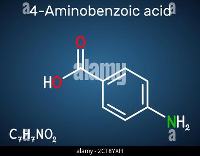 4-Aminobenzoic acid, p-Aminobenzoic acid, PABA molecule. It is essential nutrient for some bacteria and member of vitamin B complex. Dark blue backgro Stock Vector