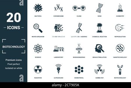 Bioengineering app icons set. Biotechnology. Biochemistry, GMO ...