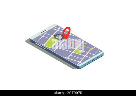 GPS map on phone screen. Isometric mobile phone with map and route. Navigation app. Modern phone with navigator application. Trendy isometric vector i Stock Vector