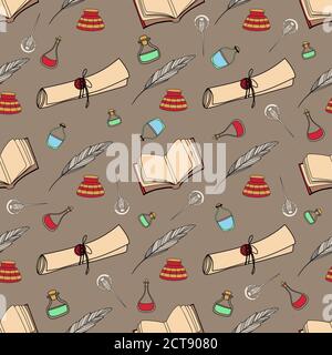 Scroll, papyrus, quill and ink. Old scrolls pattern. Research and scientific activity concept. vector illustration Stock Vector