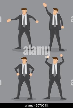 Cartoon character of a business executive wearing full suit in different gestures. Vector illustration isolated on grey background. Stock Vector