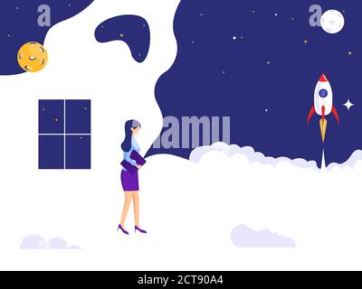 Woman walking near the window holding a laptop. rocket launch into space. Landing page vector illustration. Stock Vector