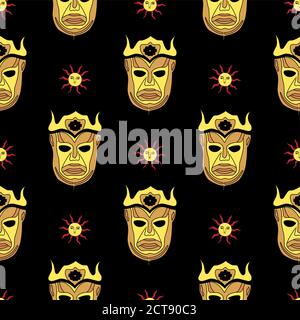 Magic pattern. Sun God. Harpy children. Gold mask on a black background Stock Vector