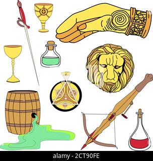 Magic stickers. Wild fire, crossbow, old scroll. The head of a golden lion and the sign of the right hand. Great house symbols collection. Stock Vector