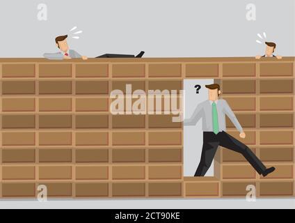 Smart man walking through hole in brick wall while others try to climb over wall. Cartoon vector illustration on concept for taking shortcuts versus d Stock Vector