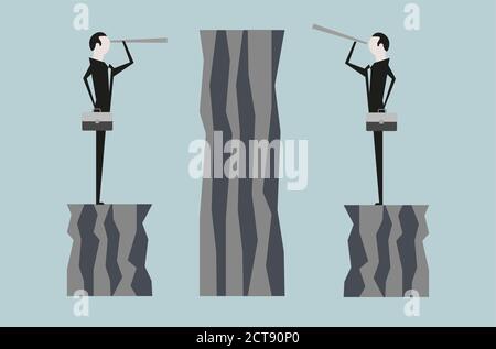 Businessmen standing on cliff's edge and looking through telescopes at the mountain on which they will climb, both looking for a different where are you. Stock Vector