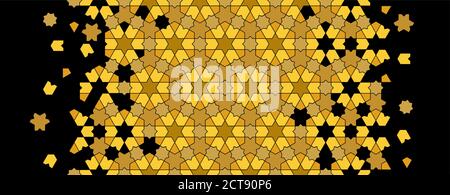 Gold and black geometric islamic pattern. Geometric halftone texture with islamic mosaic disintegration. Stock Vector