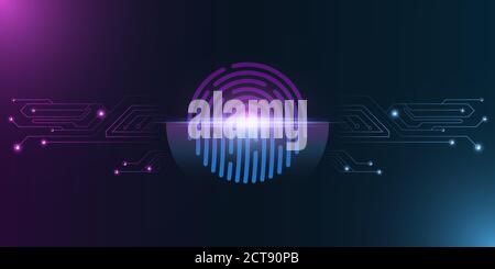 Fingerprint for computer system security with neon scan. Futuristic purple and blue padlock. Laser scanning for touch screen device. Computer circuit Stock Vector