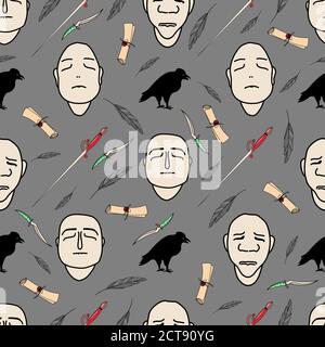 magic pattern with faces, scroll and black raven. vector illustration. halloween pattern. Stock Vector