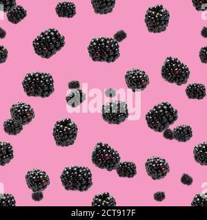Falling Bramble Seamless pattern. Fresh Falling blackberry seamless pattern. Pattern with fresh wild berries isolated on pink background. Stock Photo
