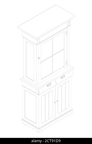 The outline of a wooden cabinet. Decorative sideboard. Isometric view. Vector illustration Stock Vector