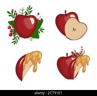 Apple with honey. Autumn compositions with apples isolated on white background Stock Vector