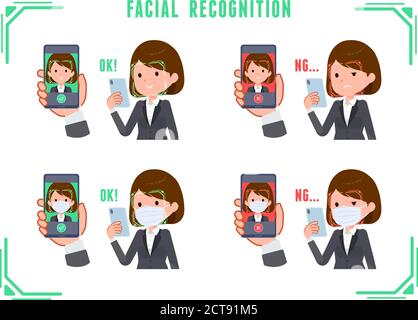 A set of women doing facial recognition on their phones. With or without a mask, there are examples of success and failure of facial recognition.It's Stock Vector