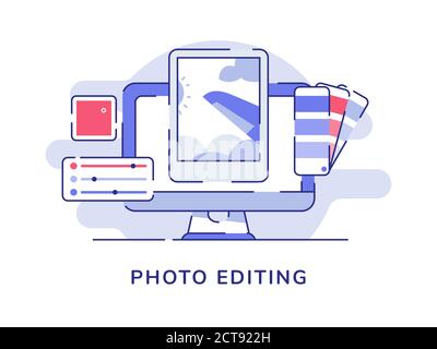 Photo editing concept picture on display computer screen with flat outline style Stock Vector