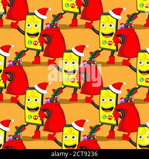 seamless pattern funny cartoon smartphone with a bag of Christmas gifts on a white isolated background. Vector image Stock Vector