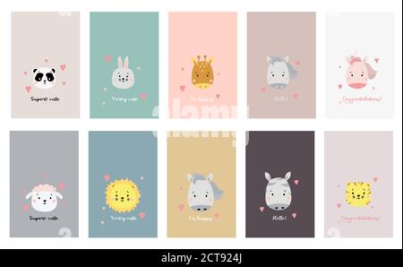 A large set of cards with cute animals and quotes. Funny drawings of animals - panda and giraffe, hare and sheep, horse and unicorn, lion, tiger and Stock Vector