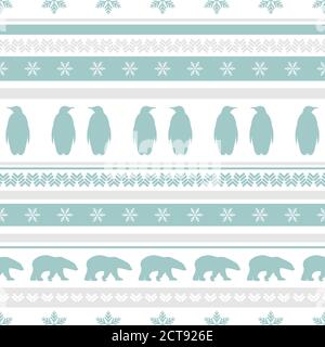 seamless winter pattern with white snowflakes, polar bears and penguins. vector flat Christmas ornament on powder blue background. winter reindeer tex Stock Vector
