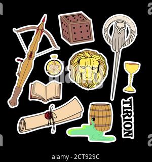 Magic stickers. Wild fire, crossbow, old scroll. The head of a golden lion and the sign of the right hand. Great house symbols collection. Stock Vector