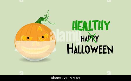 Halloween poster or greeting card. Horizontal banner with a pumpkin wearing a medical mask. Happy Halloween Stock Vector