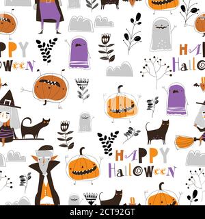 Seamless pattern with Halloween characters on white background Stock Vector