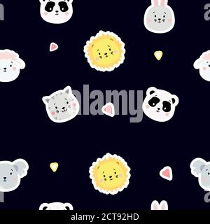 Seamless patterns. Childrens collection. Cute animal stickers - hare and sheep, gray cat and koala, lion and panda on a blue background with hearts Stock Vector