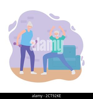 activity seniors, elder woman with dumbbell and old man stretching in the room vector illustration Stock Vector