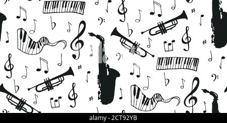 Seamless  musical notes, instruments. Musical symbols for banner of festival, print design, melody recording, design back layers. Template musical not Stock Vector