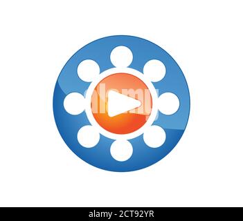 A vector illustration logo of play button sign in blue and orange color combo with simple people symbol Stock Vector