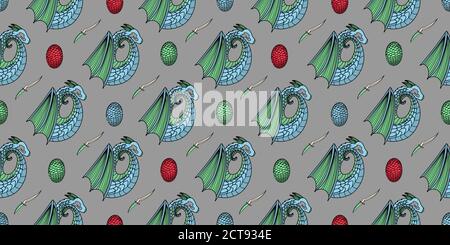 magic pattern with dragons. Blue dragon. vector illustration Stock Vector