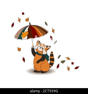 Autumn composition isolated on white background. Autumn sticker. cute animal. Red panda Stock Vector