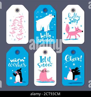 Winter sale Merry Christmas tags with cute penguins and animals Stock Vector