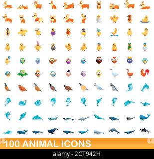 100 animal icons set. Cartoon illustration of 100 animal icons vector set isolated on white background Stock Vector