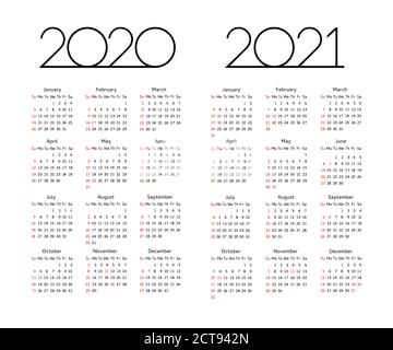 Calendar 2020 2021 year - vector illustration. Week starts on Sunday. Editable calendar template with holiday USA Stock Vector