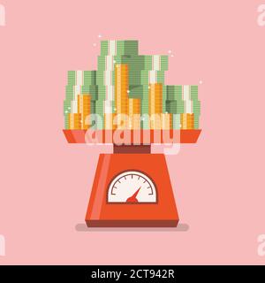 Pile of money on domestic weigh scales. Vector illustration Stock Vector