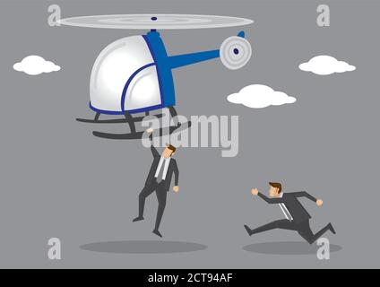 Cartoon character in black suit hanging dangerously on the landing skid of a helicopter taking off and his partner running to catch up. Vector illustr Stock Vector
