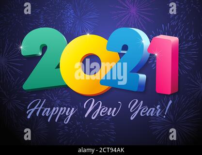 2021 A Happy New Year sign, congrats concept. Logotype in 3D style. Beautiful dark backdrop Abstract isolated graphic design template. Decorative logo Stock Vector