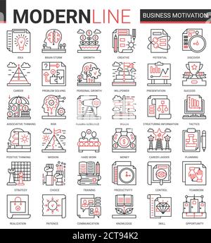 Business motivation complex concept thin red black line icon vector set with motivational outline symbols, productivity of financial processes, teamwork business planning, communication training Stock Vector