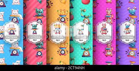 Cute cartoon character - set seamless pattern Stock Vector