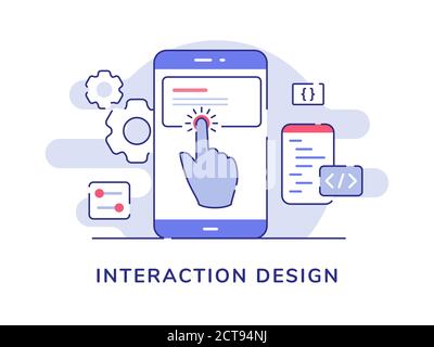 Interaction design concept finger touch button on smartphone screen with flat outline style Stock Vector