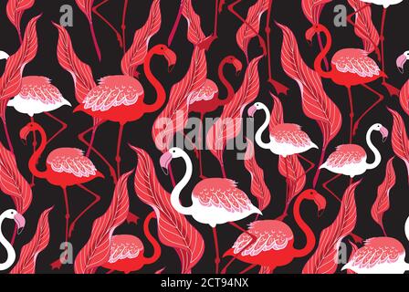 Seamless autumn pattern with flamingos and leaves on a dark background. Stock Vector