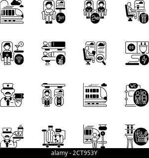 Train services black linear icons set Stock Vector
