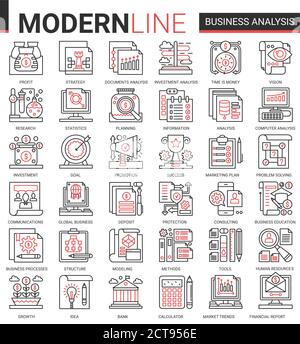 Business analytics concept complex thin red black line icons vector set, businessman analyst tools, digital analyzing stock market information, consulting strategy outline web symbols collection Stock Vector